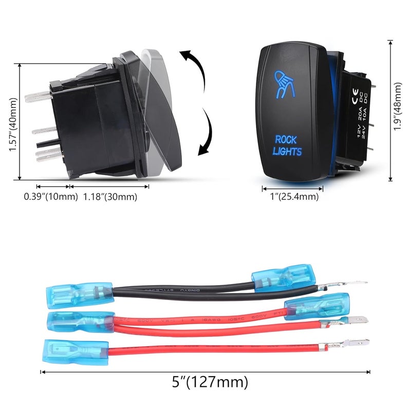 Weasch LED Rock Light Rocker Switch, Laser On/Off SPST 5Pin Waterproof, 20A/12V 10A/24V, with Jumper Wires for Cars Trucks RVs Boat ATV UTV RZR, Blue - Image 5